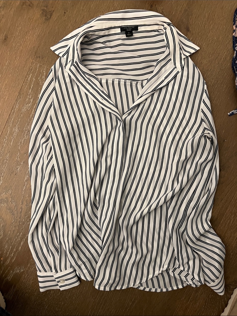 Ann Taylor Factory White Button-Down Shirt with Black Stripes